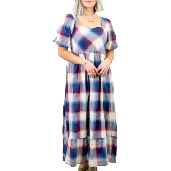 Polagram Plaid Square Neck Midi Dress With Pockets - Picture 1 of 6